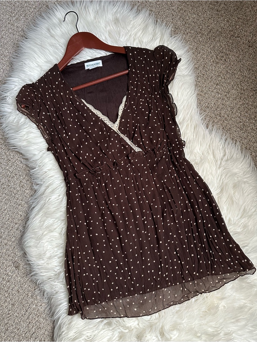 Motherhood Maternity Brown Polka Dot Pleated Tunic with Lace Trim